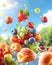 Vibrant Fruit Splash Still Life Painting with Strawberries, Grapes, Peaches, Blue Sky, and Falling Water Drops