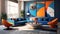 Vibrant Futurism: A Modern Living Room With Blue And Orange Furniture