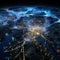 Vibrant futuristic cityscape as seen from space with interconnected networks