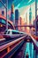 Vibrant Futuristic Cityscape with High-Speed Monorail Transportation