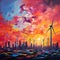 Vibrant futuristic cityscape with majestic wind turbines