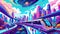 Vibrant Futuristic Cityscape with Monorail and Planetary Rings