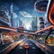 Vibrant Futuristic Cityscape with Surreal Overpass