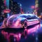 Vibrant futuristic limousine in a surreal glowing cityscape