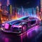 Vibrant futuristic limousine in a surreal glowing cityscape