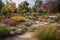 vibrant garden of drought-tolerant and native plants, with a waterfall and pond