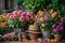 Vibrant garden flowers in pots, gardening concept. Ideal for garden centers or horticulture. AI Generated