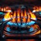 Vibrant gas burner blue orange flames dance in closeup brilliance