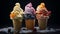 Vibrant Gelato Cones On Black Background - Rollerwave Inspired Ice Cream Photography