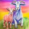 Vibrant Goat Kids Drawing In Purple, Green, And Pink