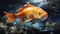 A vibrant goldfish swims in a tropical underwater paradise generated by AI