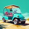 Vibrant Golf Cart Illustration On Turquoise Beach