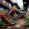 Vibrant graffiti-covered street scene with colorful gardens