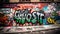 Vibrant graffiti mural illuminates dirty city street generated by AI