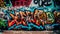 Vibrant graffiti mural illuminates weathered city wall chaos generated by AI
