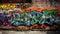 Vibrant graffiti mural on old brick wall in abandoned city generated by AI