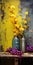 Vibrant Grapes And Antique Metallic Vases With Yellow Orchids