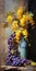 Vibrant Grapes And Antique Metallic Vases With Yellow Orchids