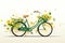 Vibrant green bicycle amidst a whimsical array of floating leaves