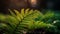Vibrant green fern frond drops dew in tranquil rainforest scene generated by AI