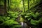 vibrant green ferns surrounding a forest spring