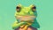 Vibrant green frog sits on a pastel mint green background. Concept of 29 february leap year day.