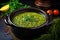 a vibrant green lentil soup in a dark ceramic bowl