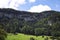 Vibrant green meadow at the foot of the mountain, blue sky with big white cloud. Idyllic rural landscape. Summer in Jura Mountains