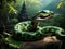 Vibrant green snake gracefully navigates the serene nature surrounding a temple, weaving a captivating narrative of life.