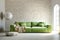 Vibrant green velvet sofa against arched window near ball floor lamp and stone cladding wall. Mediterranean style home interior