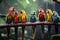 A vibrant group of birds with various hues resting on a branch in a captivating, vivid photograph, A group of colorful parrots