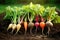 A vibrant group of carrots gracefully arranged on a soil mound, showcasing a bountiful harvest from the garden, A vibrant scene of