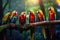 A vibrant group of parrots perched together on a branch, A group of colorful parrots perched on a branch in the rainforest, AI