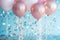 A vibrant group of pink and gold balloons and streamers creating a festive atmosphere, gender reveal balloons and glitter