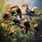 A vibrant group of toucans perched on a branch, their colorful beaks shining in the sunlight by AI generated