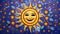 Vibrant happy mosaic sun crafted of yellow ceramic pieces shines against backdrop of blue mosaic
