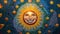 Vibrant happy mosaic sun crafted of yellow ceramic pieces shines against backdrop of blue mosaic