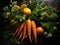 Vibrant Harmony: Carrots with Lively Orange and Green on a Dark Background. Generative AI