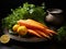 Vibrant Harmony: Carrots with Lively Orange and Green on a Dark Background. Generative AI