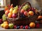 Vibrant Harvest: A Cornucopia of Colorful fruits in a Rustic Basket AI generated image