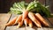 Vibrant Harvest. Fresh Carrots Glistening on a Wooden Table under Studio Lighting