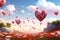 Vibrant heart-shaped balloons fill the sky, creating a dazzling display of love and happiness, A flower field with floating love