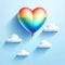 A vibrant heart-shaped rainbow balloon with a bright blue sky in the background