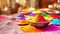 Vibrant holi festival powder in bowl on table with blurred background, holi festival celebrations