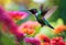 Vibrant hummingbird in flight, rapidly approaching a wide array of blooming flowers, AI-generated.