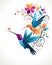 Vibrant hummingbird graphic stylised logo style image with flowers