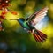 A vibrant hummingbird hovering in mid-air, its iridescent feathers glinting in the sunlight