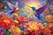 Vibrant hummingbirds amidst blooming flowers - Generative AI