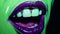 Vibrant Hyper-realistic Pop-art Fusion: Green Character\\\'s Purple Teeth