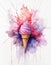 A vibrant ice cream cone with a purple swirl is surrounded by an explosive splash of colorful watercolors